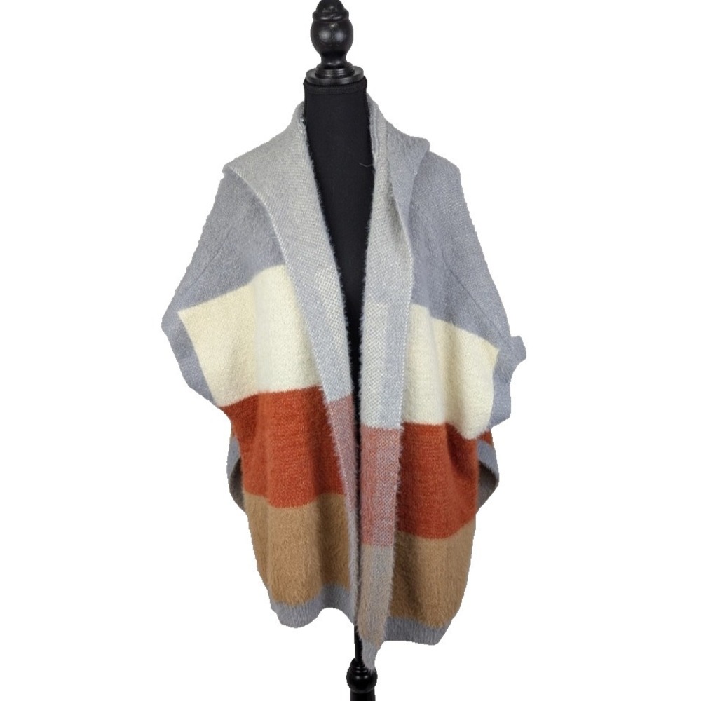 KLEIO Hooded Colorblock Poncho Sweater One Size Grey Cream Rust Fuzzy Knit